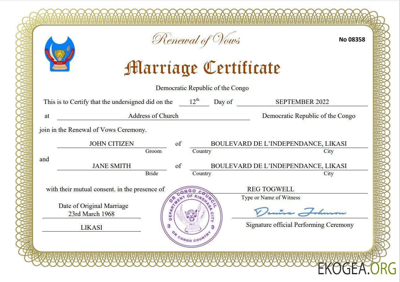 Modèle Word et PDF d'acte de mariage en République démocratique du Congo